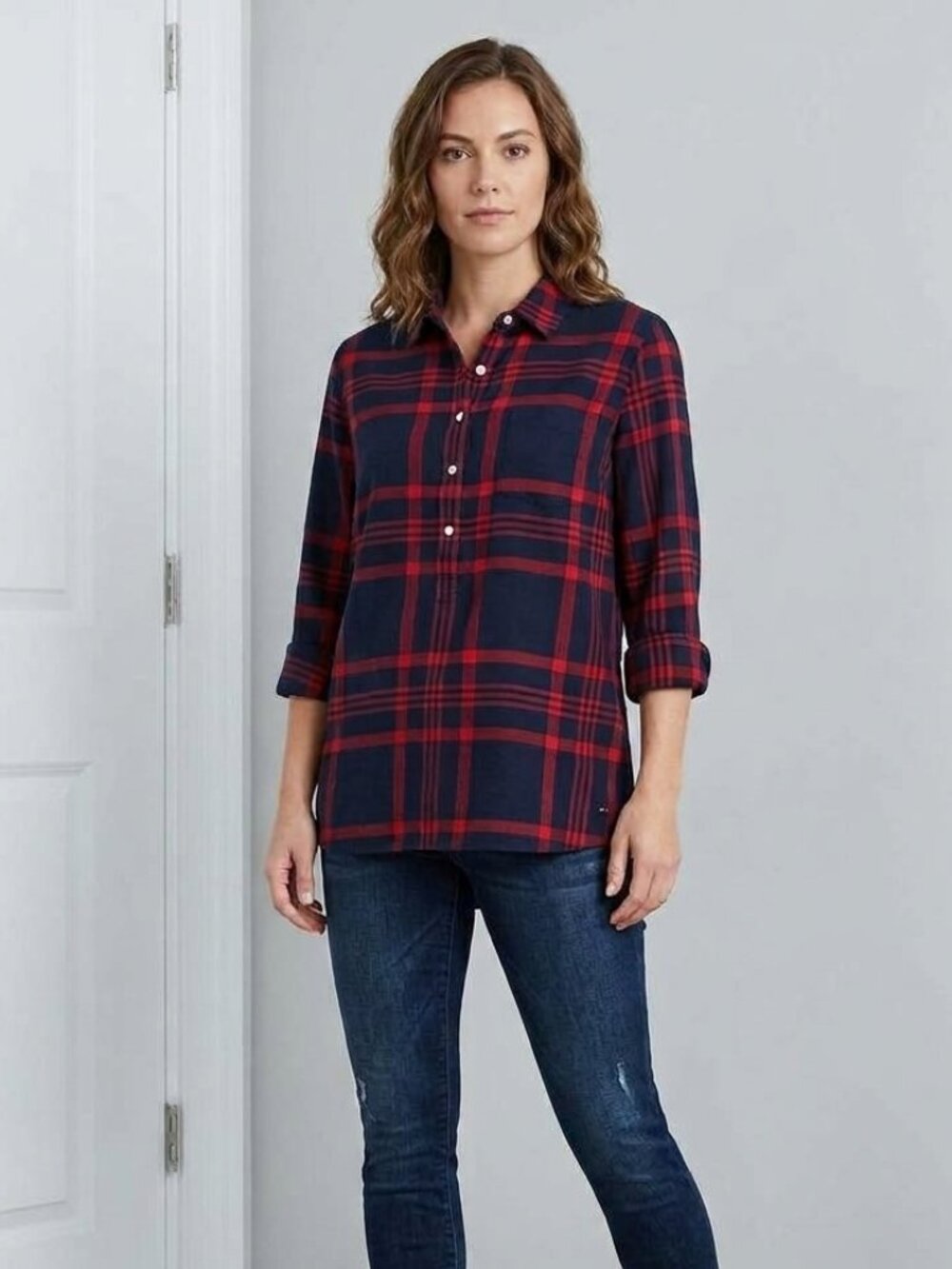 NWT Tommy Hilfiger cotton red & navy plaid button down, size L